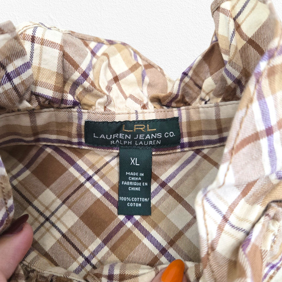 Y2K Lauren Jeans Co. Plaid Tan Ruffle Button Up 2000s Western Blouse Size XL - Picture 8 of 12
